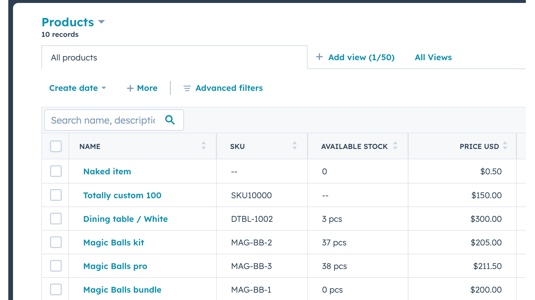 Katana pushes stock availability to HubSpot and matches products by SKU.